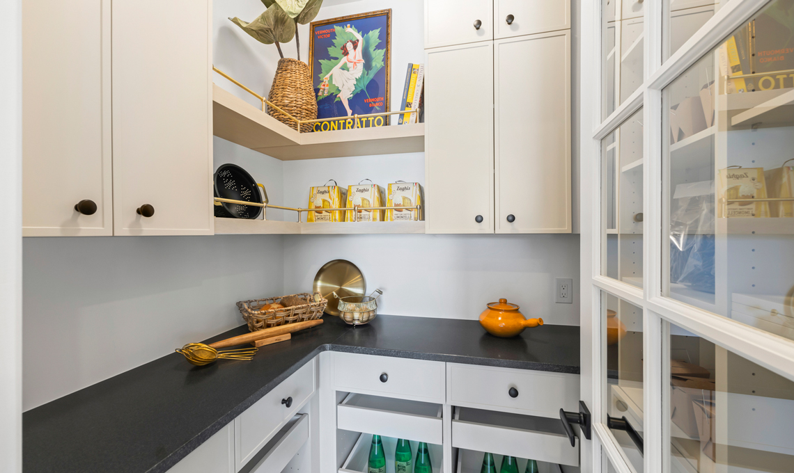 A pantry closet with lots of storage and counter space.