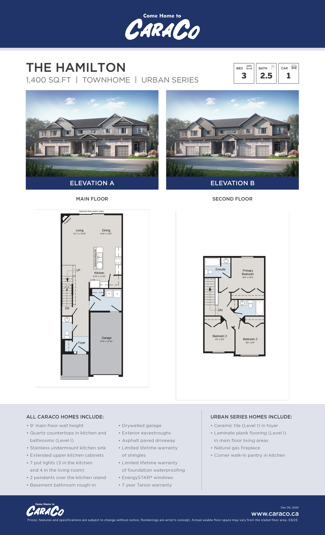 The floorplan for the Hamilton Lot 60. First floor has an open concept living room and kitchen, with a bathroom, mud room, and foyer. Second floor has three bedrooms and two bathrooms.