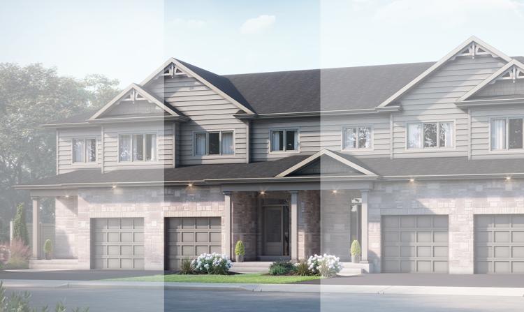 The Hamilton is the second home from the left in a quadruplex townhome.